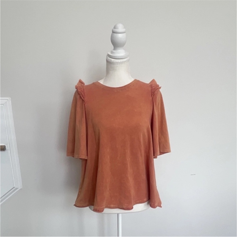 Women’s Rust Orange Short Flutter Sleeve Tee with Shoulder Ruffle